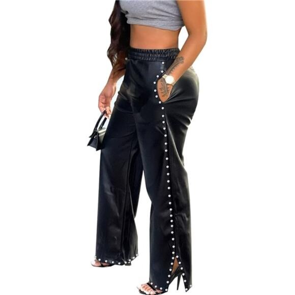 Women's Wide Leg Faux Leather Pants Rivets Pearls Elastic Waist Beggy Trousers